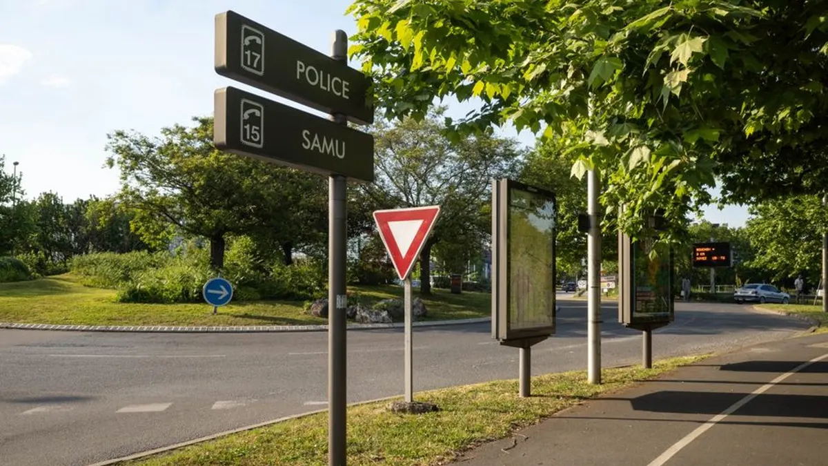 Une rue de centre-ville avec un panneau de restriction de circulation